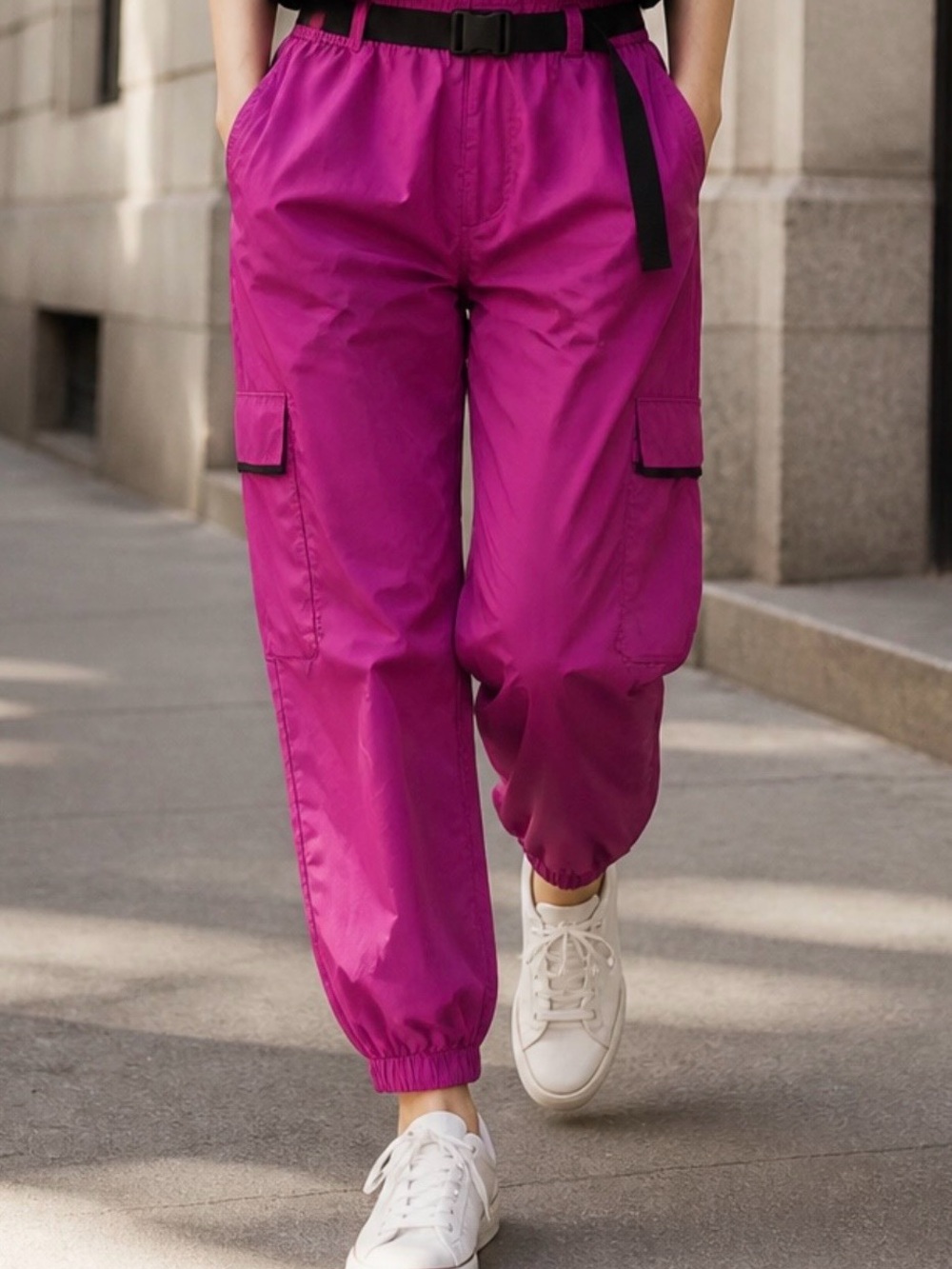 Vibrant Purple Cargo Windbreaker Pants with Black Belt